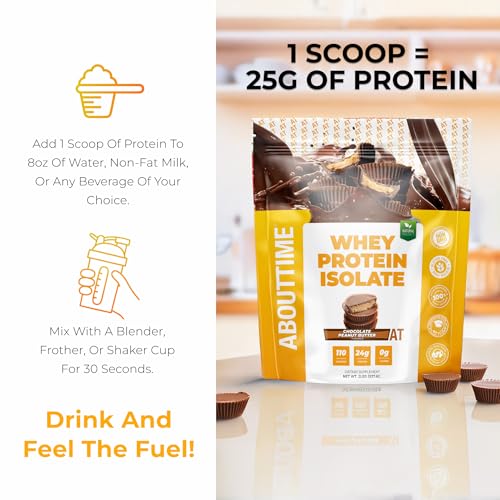 Image of About Time Whey Protein Isolate Powder 24g Chocolate Peanut Butter, Natural Ingredients, Non-GMO, Gluten-Free, Lactose-Free, Zero Sugar, Low Carb, 32 Servings