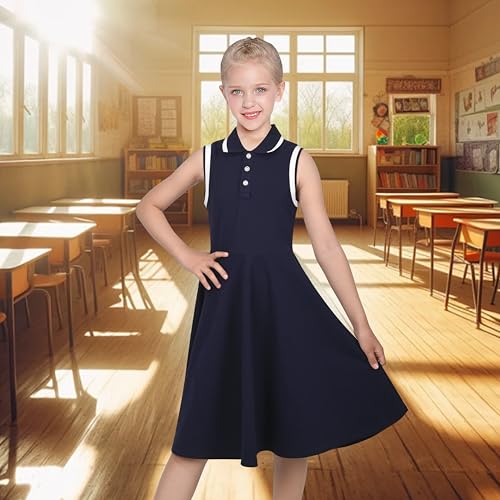 Sunny Fashion Girls Dress Navy Knit Polo Collar School Classic Casual Back to School Everyday2