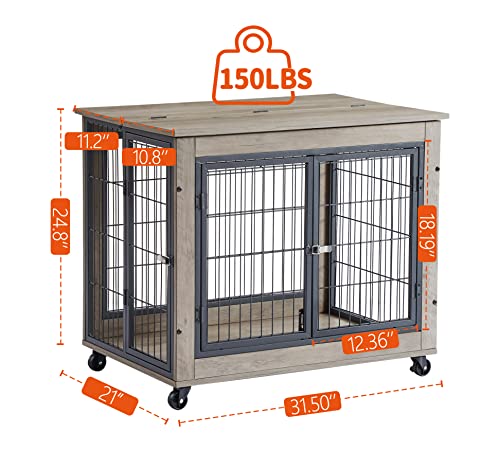 Heavy Duty Dog Crates Cage Kennel, Dog Cage With Double Door, Strong Metal Frame Dog Cage With Door Lock And Four Lockable Wheels, Easy To Assembly Move - Grey - 31.50''W X 22.05''D X 24.8''H #TOP2