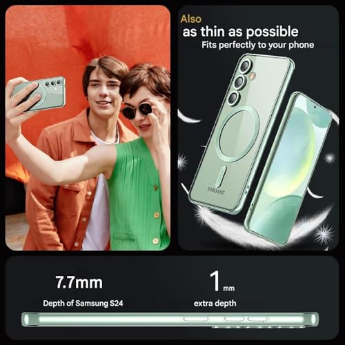 Image of VONZEE Clear Logo Electroplating Transparent Case For Samsung Galaxy S24 FE 5G, Magnetic Plating [Support For MagSafe Charger] Tpu Case Cover, Individual Camera Protection For Each Lens- Light Green