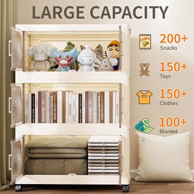 KHNR 550Qt Stackable Storage Bins with Lid, 5Packs Closet Organizer and Storaging Drawer, Collapsible Storage Box with Wheels, Plastic Clothes Storage Cabinet Containers for Home, Office