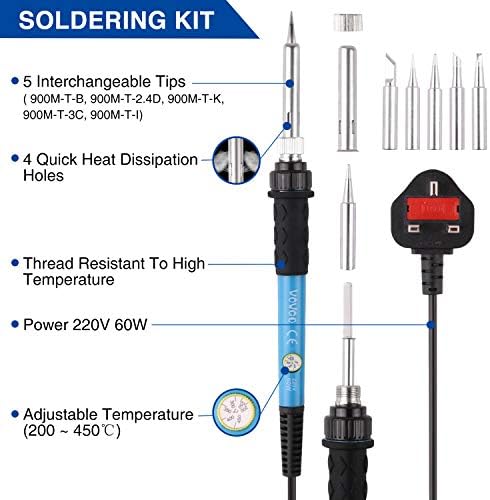 Soldering Iron Kit,WOWGO 60W Adjustable Temperature Welding Tools Set with 5 Soldering Tips,Digital Multimeter,Soldering Iron Stand,Tin Wire Tube,Desoldering Pump and Portable PU Tool Bag