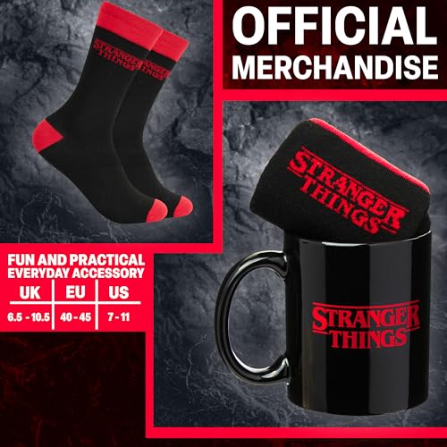 Image of Get Trend Stranger Things 11oz Mug and Socks Set, Crew Socks with Ceramic Coffee Mug Microwave Safe, Novelty Gifts for Men, Women, Teens (Red /Black Stranger Things)