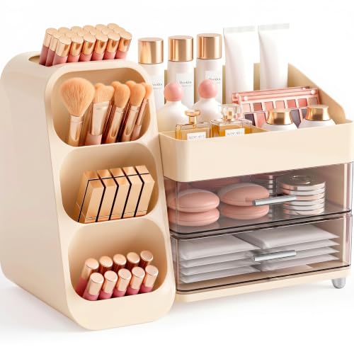 Booklov Large Makeup Organizer for Vanity Countertop, Cream