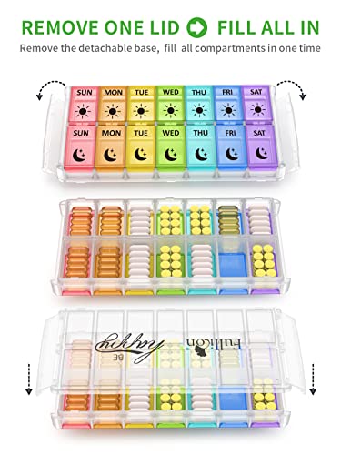 Image of Fullicon Quick Fill, Pill Organizer 2 Times a Day, Rainbow Clear | Each Compartment Holds 15 Fish Oils, 30 Vitamins, or 25 Capsules, Two Side Buckle Locks, Detachable Base, BPA Free Plastic