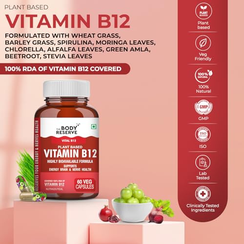 Image of The Body Reserve Plant Based Vitamin B12 Supplement For Men & Women 60 Capsules Organic Vitamin B12 For Nerve And Brain Health Vegan Capsules, Daily One 60 Days Pack