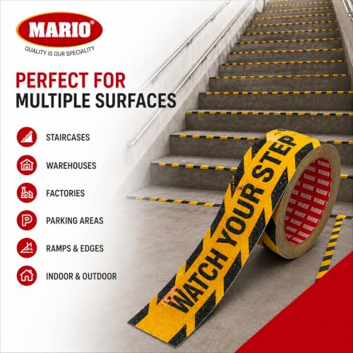 Image of Mario Watch Your Step Anti Skid Anti Slip Tape 50mm (2 Inch) x 5m | High Traction Waterproof Safety Warning Grip Tape for Stairs, Floors, Entry Lobbies & Corridors | Home Office Mall Hotel Use