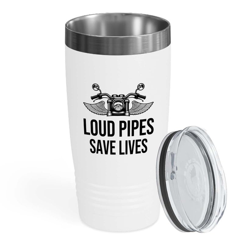 Biker White Edition Viking Tumbler 20oz - Loud pipes - Bike Lover Grandpa Mountain Biker Road Racer Off-Road Sport Trails Enthusiast Track Downhill