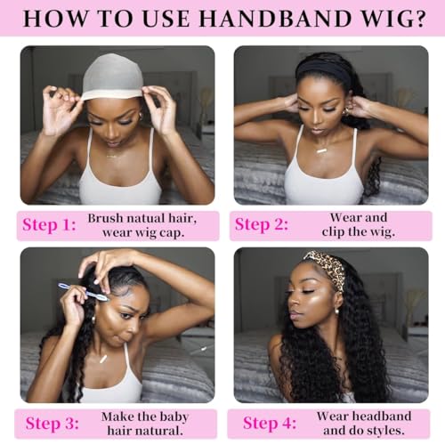Image of Kinky Curly Headband Wig Human Hair 12 Inch None Lace Front Deep Curly Wig | Brazilian Virgin Hair Wear and Go Wigs for Black Women 200% Density Machine Made Headband Half Wigs Natural Color