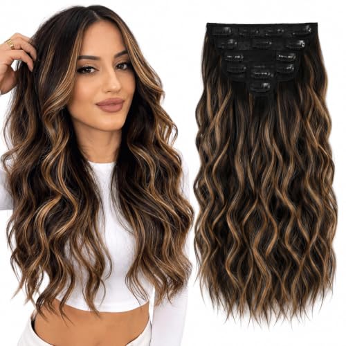Image of Salon-Grade Clip-in Hair Extensions for Women, Imported Synthetic Hair, 6 PCS with 13 Secure Clips, Instant Volume, Natural Blend, Reusable Hair Volumizer (Brown with Golden Highlights, Curly /Wavy)