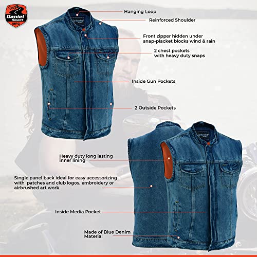 Daniel Smart Men’s Vest – Unique Raw Blue Denim Motorcycle Vest For Men’s Snap Collar Design With Concealment Armory Pocket (Large) #TOP3
