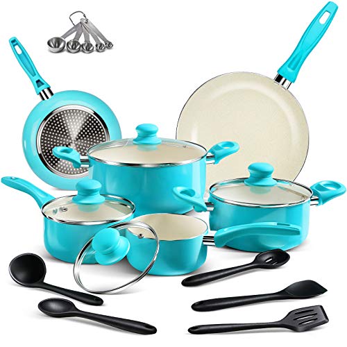MASTERTOP 20 Piece Cookware Set - Ceramic Nonstick Pots & Pans, Cookware Sets Dishwasher Safe, Stay Cool Handle, Non Stick Soup Pot, Milk Pot and Pans, Spoons, Microfiber Rags,Tiffany Blue