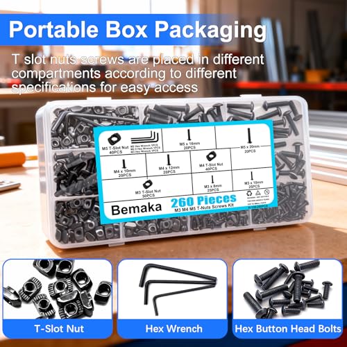 260PCS M3 M4 M5 T Slot Nut Screws Kit, T Nuts and Bolts Assortment Kit for 2020 Series Aluminum Profile, Mlok Screws Nuts Replacement