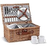 ZORMY Wicker Picnic Basket for 2, Willow Hamper Basket Sets with Insulated Compartment, Handmade 2 Person Picnic Basket with Utensils Cutlery Perfect for Picnic, Camping (Grey Stripe A)