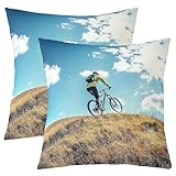 Erosebridal Set of 2 Bicycle Rider Throw Pillow Covers 20x20 Inch for Sofa,Mountain Bike Pillow Covers Home Room Decor,Watercolor Blue Sky Clouds Decorative Pillow Covers,Sports Game Cushion Covers