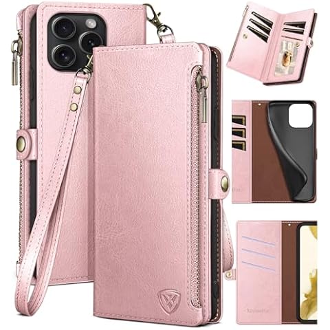XcaseBar compatible with iPhone 16 Pro Max Wallet case with Zipper Credit Card Holder【RFID Blocking】,Flip Folio Book PU Leather Phone case Shockproof Cover Women Men for Apple 16 ProMax case Rose Gold Cover