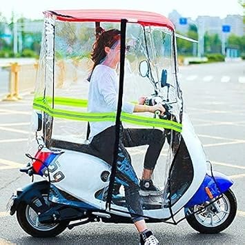 Fully Enclosed Mobility Scooter Rain Cover Canopy, Universal Electric Motorcycle Sunshade Cover, Prevent Umbrella with Reflective Strips and PocketSizeRearviewmirror,ColorRed