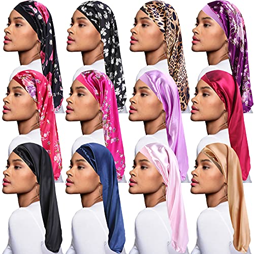 12 Pieces Extra Long Satin Hair Bonnets Sleep Cap for Women, Soft Elastic Band Silky Sleeping Cap Big Sleep Bonnets for Long Curly Hair, Braids and Dreadlocks