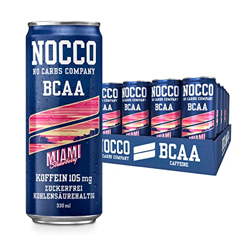 NOCCO BCAA energy drink 24er pack – zuckerfrei, vegan Energy Getränk mit Koffein, Vitaminen und Aminosäuren – Caribbean Ananas, 24 x 330ml inkl. Pfand (Miami)