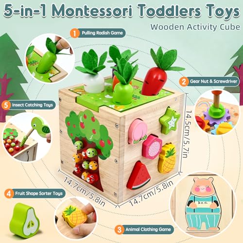 AiTuiTui Motorikwürfel 5 in 1 Aktivitätswürfel Spielzeug Geschenk, 49 Pcs Montessori Lernspielzeug Steckwürfel Holzspielzeug für Kinder, Activity Center Baby ab 18 Monaten Geburtstag Ostern Geschenk