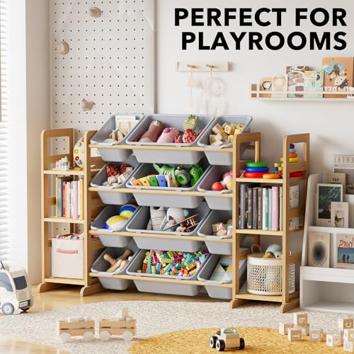 Image of SpaceAid Toy Storage Organizer with 6 Shelves and 12 Bins, Toy Organizers Storage Bookshelf, Kids Bin Shelf Toys Box Bookcase for Bedroom Playroom Organization Room Decor, Neutral Gray