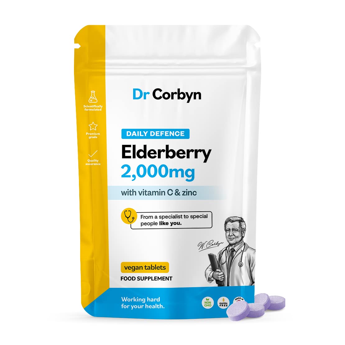 Dr CorbynElderberry 2,000mg with Vitamin C & Zinc - 60 Tablets | Sambucus Nigra Daily Defence Support | High Strength Elderberry Supplement, UK Made