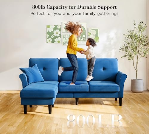 Image of Small Sectional Couch, 83 inch L Shaped Couch, Comfy Velvet Couches for Living Room, Tool-Free Setup Modular Sectional Sofa, 850lbs Load Sofas for Living Room with 1 Movable Ottoman, Blue Couch