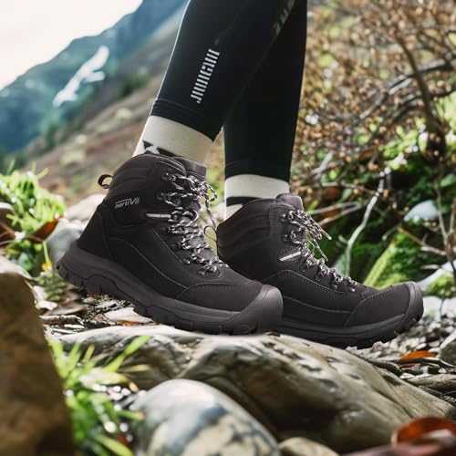 Image of NORTIV 8 Waterproof Women's Hiking Boots | Genuine leather hiking boots with shock-absorbing EVA arch support, anti-slip rubber outsoles, and durable toe protection