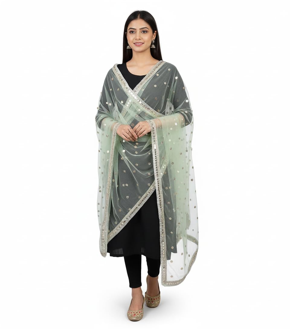 Net Embroidered Dupatta, Mint Green with Sequin Border, Sheer Traditional Indian Chunni-image-23