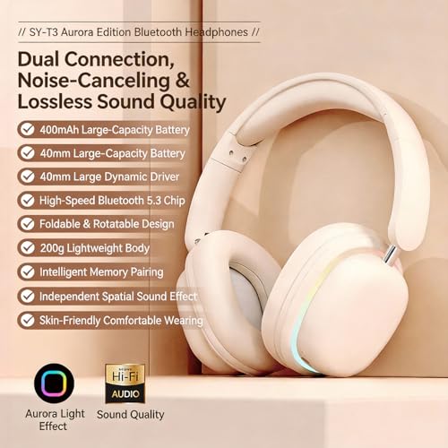 Image of Over-Ear Wireless Bluetooth Headphones with 5.3 Chip, 20H Playtime, 40mm Drivers, Foldable & Lightweight Design, RGB Lighting, Dual Mic for Clear Calls, Compatible with PC /Phone, SY-T3 White.