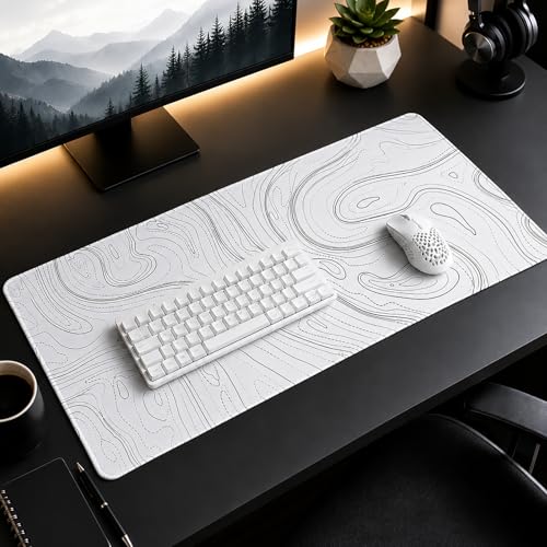 Image of AQQA Large Gaming Mouse Pad 35.4 X15.7 Inches,White Topographic Design Extended Mousepad, Non-Slip Base, Water Resist Keyboard Pad, Desk Mat For Gamer, Office & Home