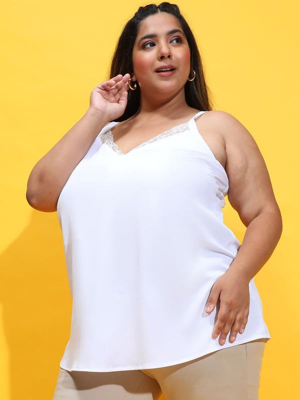 Image of oxolloxo Women Plus Size Soild V-Neck with Lace Detailed Sleeveless Strappy Top
