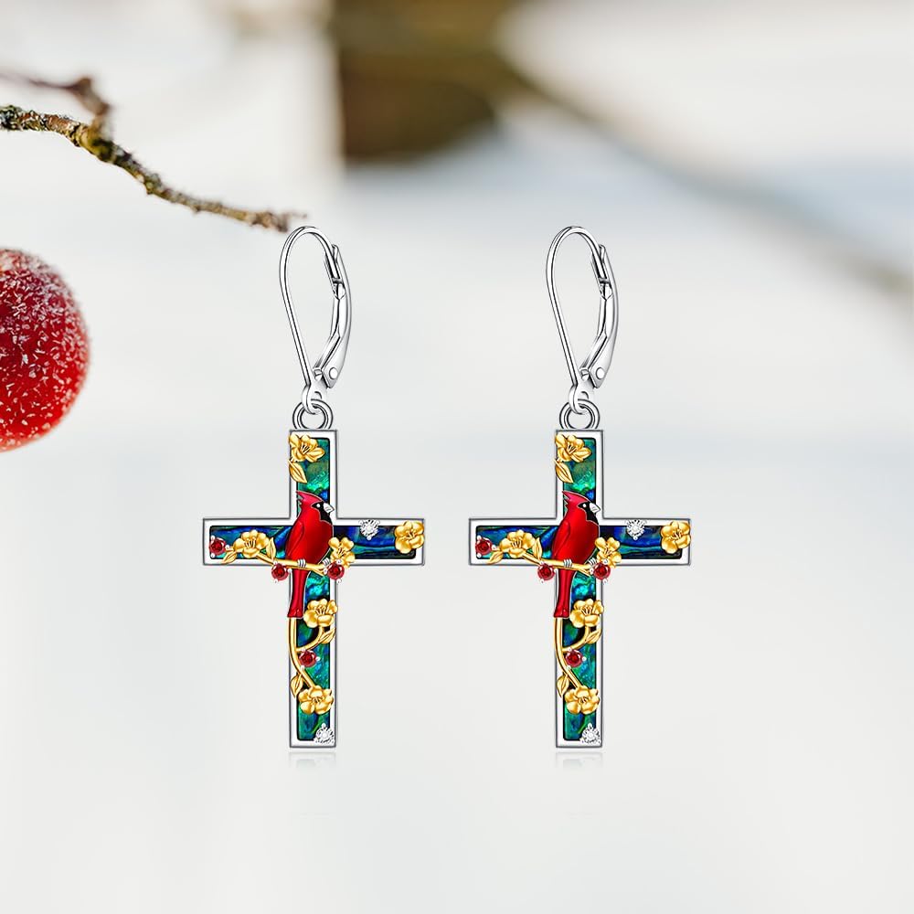 Red Cardinal Gifts for Women Cardinal Earrings Loss of Loved One Abalone Sterling Silver Cross Earrings Dangle Christmas Jewelry Memorial Gift - Image 8