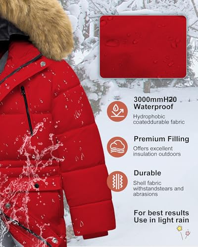 Image of Boy's Winter Coat Waterproof Kids Puffer Jacket Thicken Parka Fleece Lined Bubble Ski Snow Outerwear with Fur Hood