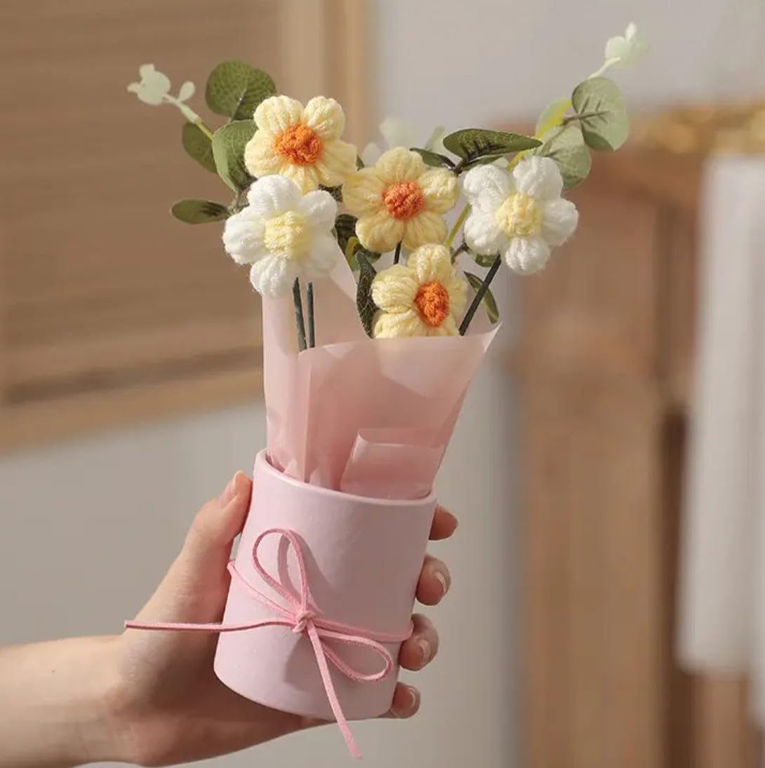 VRB Dec 1pcs Artificial Crochet Flower Bouquet/Artificial Flowers Bunch/Crochet flowers bouquet/Crochet flowers/Flowers Bouquet Gift for Girls Home Decor,gifting,etc. (Yellow Daisy Bouquet/) discount deal