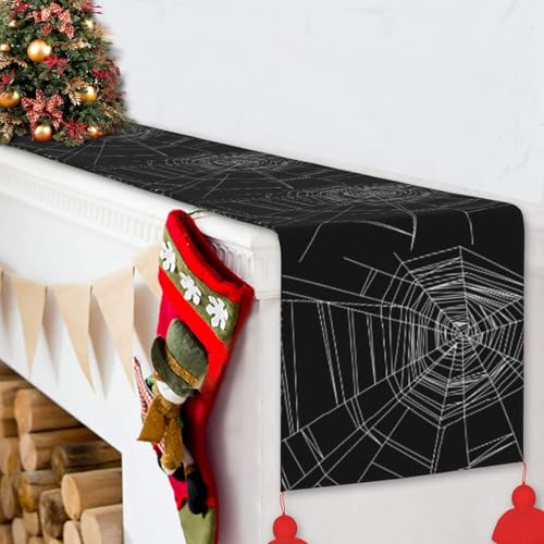Chemin de table de Noël avec pompon toile araignée blanche pour buffet