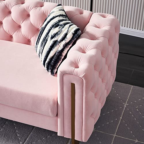 Image of KEIKI 84 inch Chesterfield Velvet Tufted Button Sofa with Removable Cushions and 2 Toss Pillows, Modern 3-Seater Couch with 4 Gold Metal Legs, Easy Assembly, for Living Room, Bedroom, Apartment, Pink