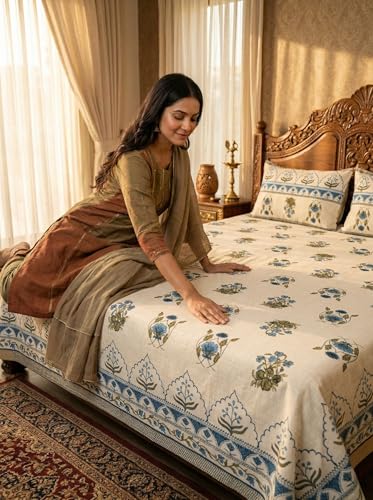 Image of Mafatlal 144 TC Jaipuri Cotton King Bedsheet | 90 x 108 Inches | Traditional Design | Smooth, Long-Lasting & Soft | 2 Pillow Covers | White Alyssum