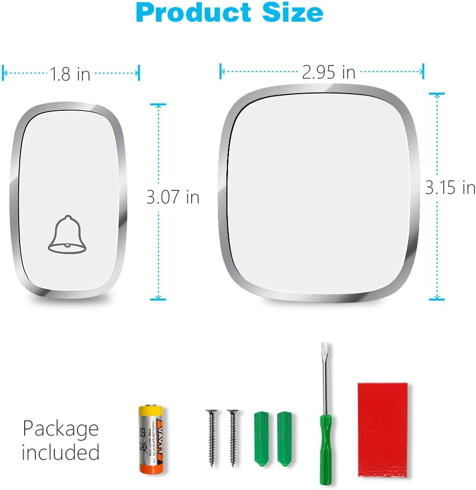 Contents of the Anko Wireless Doorbell package including the transmitter, receiver, battery, screws, and adhesive tape.