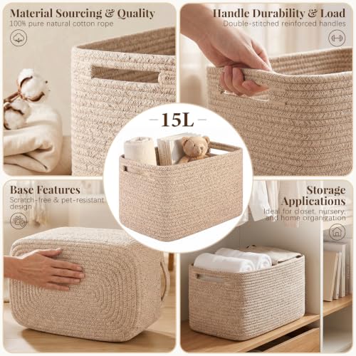 OIASKET-4Packs-Natural-Cotton-Rope-Storage-Baskets-for-Organizing-Toys-Clothes-Towels-Books-Soft-Versatile-Organizers-for-Shelves-Home-Decorative-Bins-13Lx9Wx78H-Brown