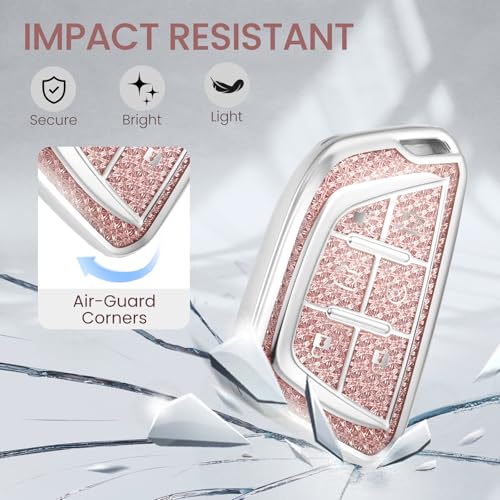 Image of Car Key Fob Cover for Cadillac escalade, Rhinestone Wristlet, Pink | Wear-resistant TPU shell, non-stretch rhinestone wristlet, daily splash, scratch and drop protection, normal signal use