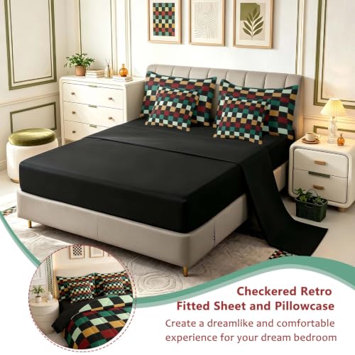 Image of Checkered Retro Comforter Set With Sheets 7 Piece Twin Size Green Red Yellow Plaid Bedding Set for Kids Boys Girls Geometric Vintage Bed in a Bag Modern Simple Groovy Aesthetic Room Decor Soft