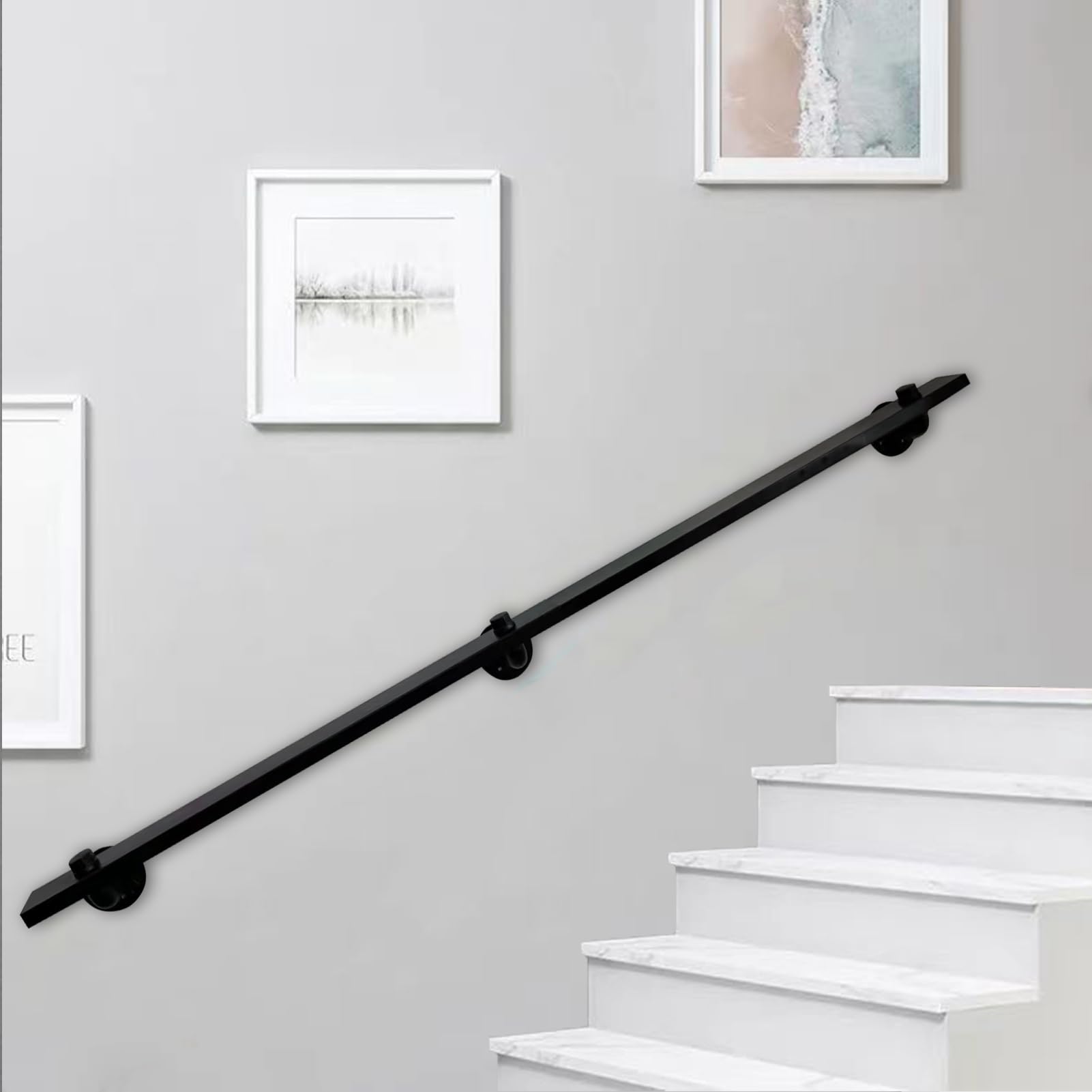 LWJSOCP Industrial Wrought Iron Staircase Railing 13ft Black Handrail for Modern Indoor Outdoor Stairs Wall Brackets Included