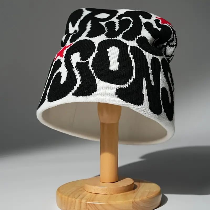 Image of Printed Beanie Hat, Beanies Y2K Winter Hats Streetwear Skull Cap Double-Layer Knitted Beanies Warm Knit Beanie, Hip Hop Streetwear Clothing