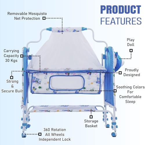 Image of PANDAORIGINALS Jumbo Baby Cradle|Soft Cushion Baby Jhula /Paalna Cute cot with Mosquito Net for 0-9 Months Boys and Girls Super Strong Soft Cushion and Swing Lock Function (Panda Blue)