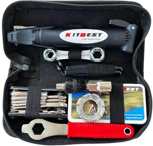 Kitbest Fahrrad Reparaturset, 15 Pcs Fahrrad Werkzeug Set mit Fahrrad Satteltasche Fahrradpumpe und 16-in-1 Fahrrad Multitool, Fahrrad Werkzeug Reparaturset Flickzeug Set Fahrradwerkzeug für Unterwegs