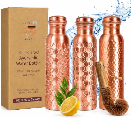 Image of Copper Water Bottle Pure, Set of 3 with Hammered, Diamond & Honeycomb | 100% Pure Copper, Hammered /Diamond /Honeycomb Textures, Copper Finish, Leak-Proof Screw-Top, Wide Mouth, Handcrafted