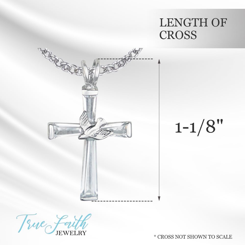 True Faith Jewelry Sterling Silver Cross with Holy Dove Necklace Pendant with Rhinestone Baguette Crystal Stones Religious Jewelry, 1 1/8 Inch