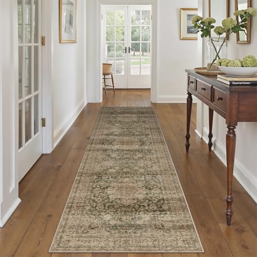 2x8 Washable Green Vintage Runner Rug for Kitchen Hallway Non-Slip Low Pile Soft Thin Carpet Traditional Retro Distressed Accent Throw Rug for Entryway Bathroom Indoor Bedroom