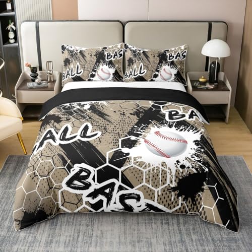 Baseball Coton Housse de Couette 220x240,Décor de Salle de Sport en Nid d'abeille Parure de Lit,Impression À L'Encre Enfants Fille Chambre Literie Set,Boule Brun Noir Catégorie Jeux Couvre Lit